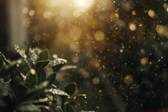 Dew-covered leaves glistening in the golden sunrise with floating particles