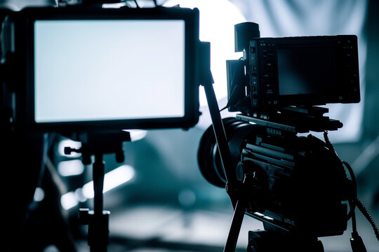 Professional video camera equipment set up for indoor filming session at night