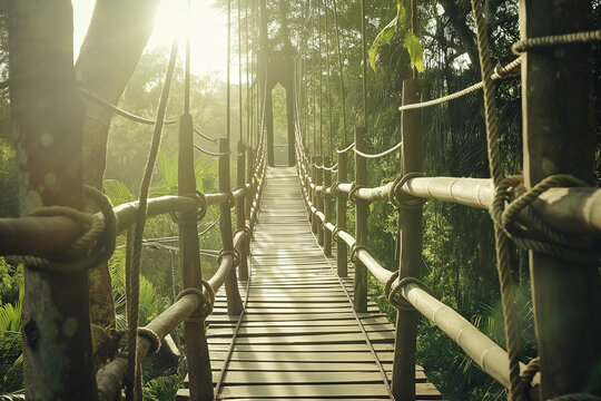Serene wooden suspension bridge in a lush forest at sunset