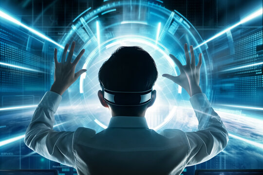 Man engaging with virtual reality technology in a futuristic setting