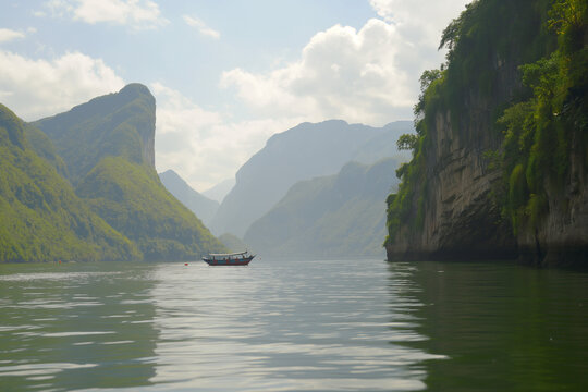 Serene river cruise through majestic limestone karst mountains