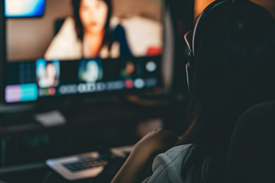 Woman communicating via video conference in a dimly lit room