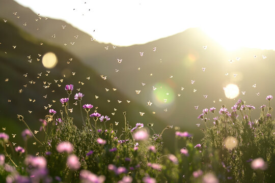 Serene sunset over a field of purple wildflowers with insects fluttering