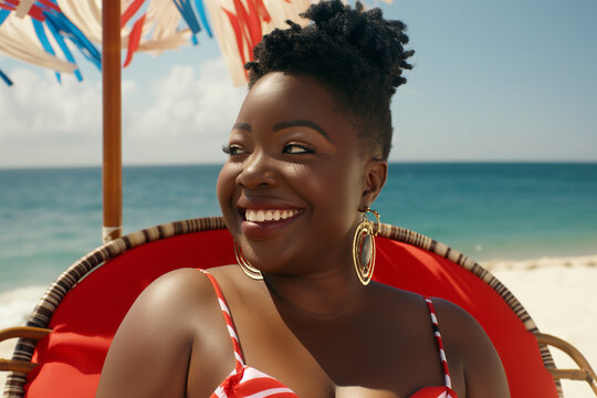 Black woman relaxing in a beach chair by the ocean on a sunny day