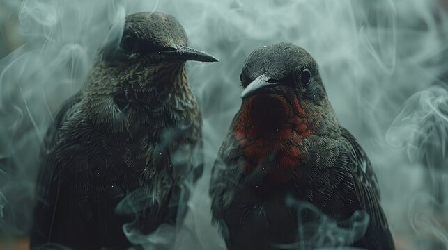 a couple of birds sitting next to each other on top of a pile of smoke in front of a window.