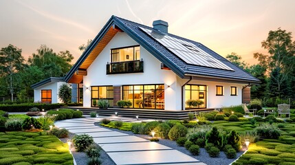 A modern suburban house at sunset with a photovoltaic solar panel system on the gable roof. Generative AI.