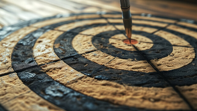 Close-up image capturing the moment of success as a dart hits the bullseye on a rustic wooden dartboard, a metaphor for precision and achievement.
