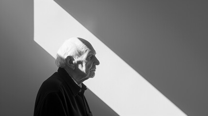 Monochrome photograph of an elderly man against a white wall