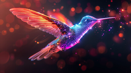 Fototapeta premium Magic glowing glittering multi-colored colibri in flight