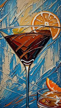 Vertical footage of a martini glass oil painting with summer cocktail with slice of orange and a straw in thick impasto technique in bold vibrant colors on blue textured background.