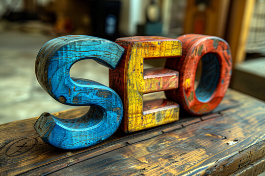 Letters "SEO" in colorful wood carving 