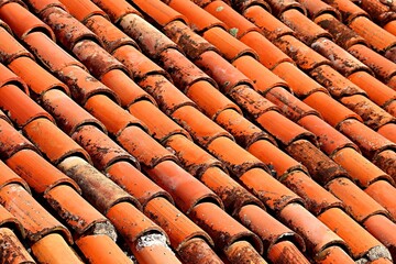 Background, texture of a roof covered with ceramic tiles of bright orange color
