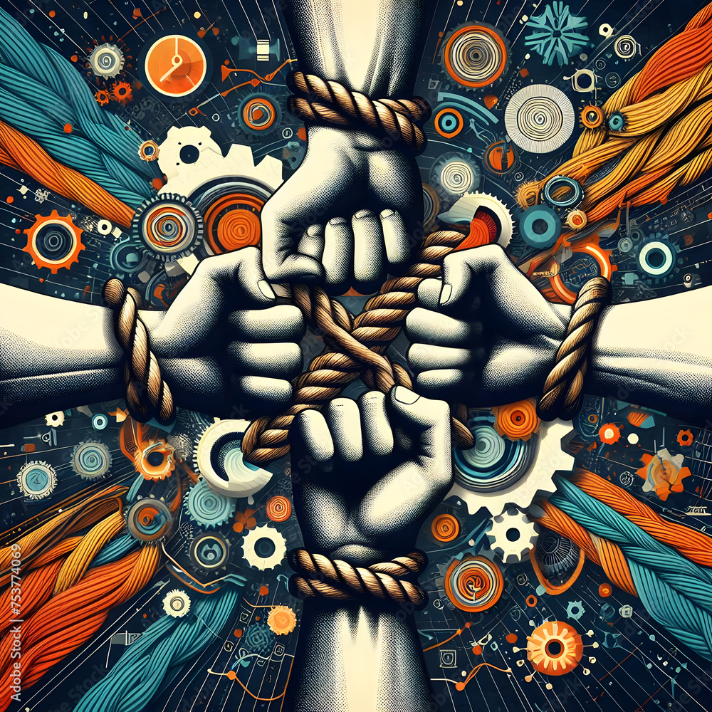 Poster hands tied together with rope on abstract background. 3d rendering generative ai
