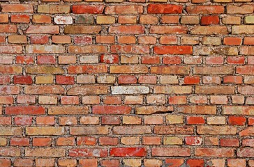 Background, texture of a brick wall made of bricks of different shades of red