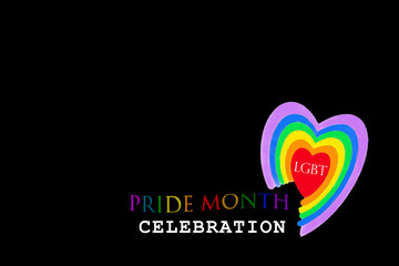 Rainbow heart shape on a black background, inside is written the word LGBT, on the black background is written the word pride month celebration, lgbt background concept.