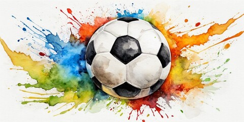Soccer ball with watercolor splashes on a white background.
