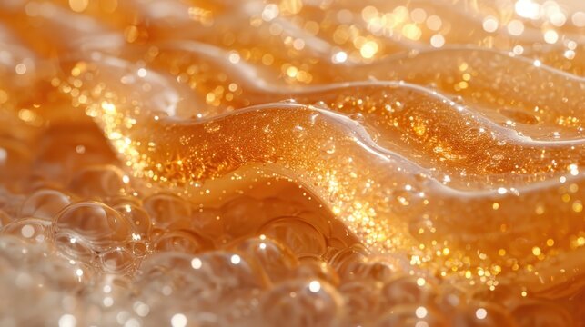 a close up view of a gold colored material with a lot of water droplets on the surface of the image.