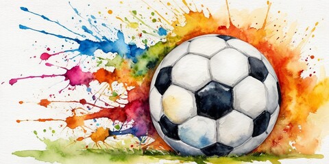 Soccer ball with watercolor splashes. Watercolor illustration.