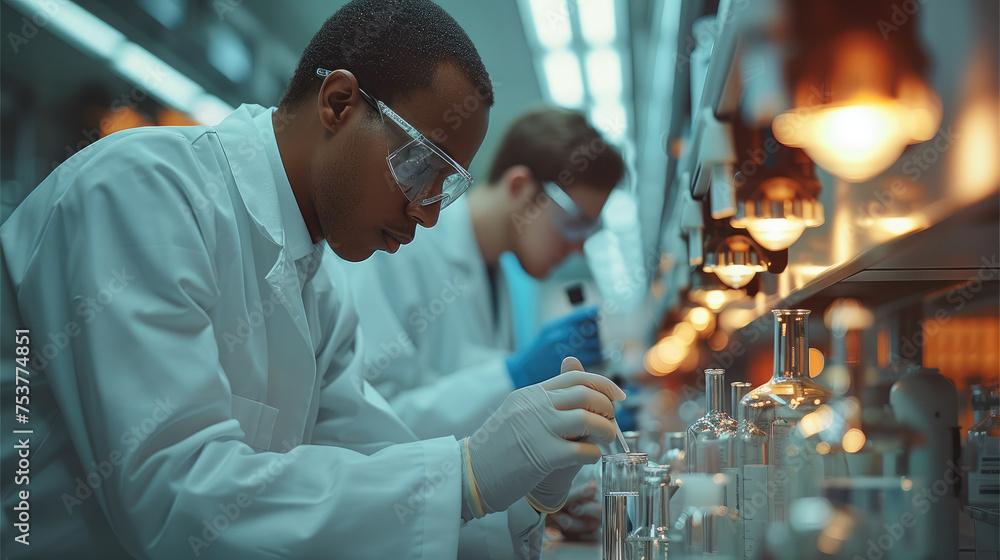 Poster master students of chemical engineering working in a lab. generative ai.