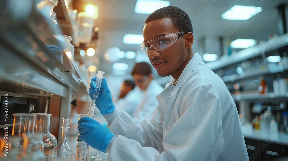 Poster Master Students of Chemical Engineering working in a Lab. Generative AI.