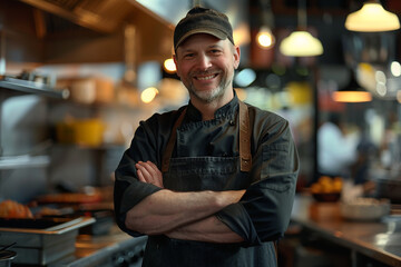 Happy middle aged male chef with chef's hat with arms crossed wears apron standing in kitchen