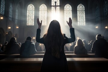 Capturing divine moments: church worship concept Christians, raised hands, earnestly pray and worship to cross in the sacred ambiance of a church building, expressing faith and spiritual connection. - obrazy, fototapety, plakaty