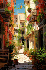 Fototapeta na wymiar Illustration of the typical ancient street alley and building in Italy where residents live their daily lives.