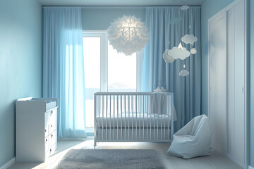 A warm and minimalist welcoming blue nursery designed for baby, newborn bedroom - obrazy, fototapety, plakaty