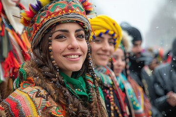 People in traditional costume, group of dancers before the performance at the Kurban Bairam Festival in Ashgabat, Turkmenistan. - obrazy, fototapety, plakaty