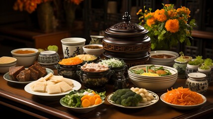 An array of food 
on a table in the style of chinese new year. Food illustration