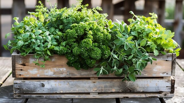 a rustic wooden crate filled with a variety of fresh herbs like basil, parsley, and cilantro