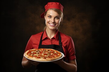 young waitress with an apron presenting a delicious pizza on a plate Friendly service staff in the restaurant