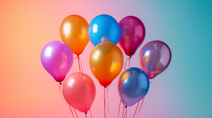 bunch of colorful balloons against a gradient background transitioning from pink to blue