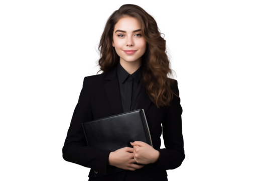 A girl in a black suit with notebooks, isolated on white background