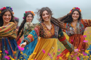 Turkmen women dance in traditional costume at Kov-Ata, Turkmenistan. - obrazy, fototapety, plakaty