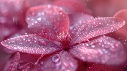 a close up of a pink flower with drops of water on it and a blurry background of the petals.
