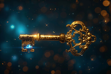 An ornate golden key floating in zero gravity, bathed in blue light, highlighting its age-old mysteries against the backdrop of distant galaxy - obrazy, fototapety, plakaty