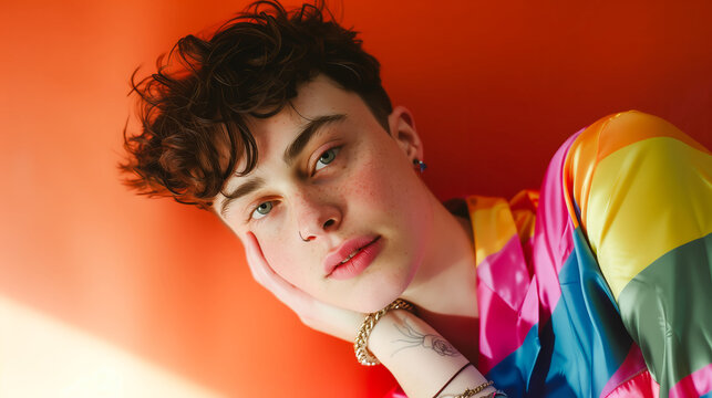 non binary person in a vibrant rainbow jacket