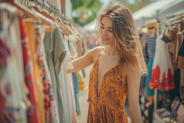 Young woman choosing dress hanging on clothes rack at flea market 