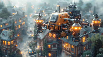 Futuristic orange drone with propellers flying over a suburban street - obrazy, fototapety, plakaty