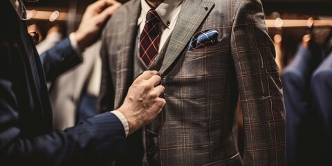 A man is getting dressed in a suit with a blue tie and a blue pocket square - obrazy, fototapety, plakaty