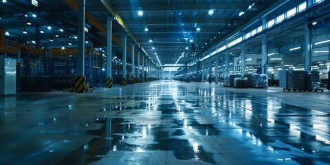 A large industrial building with a wet floor - obrazy, fototapety, plakaty