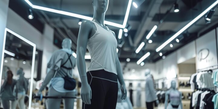 A mannequin is standing in a store with a white tank top on