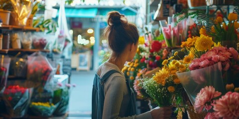 A woman is shopping for flowers in a flower shop - obrazy, fototapety, plakaty