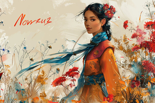 Illustration of a beautiful woman in a traditional dress. Nowruz holiday.