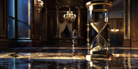 A gold hourglass is sitting on a wet floor