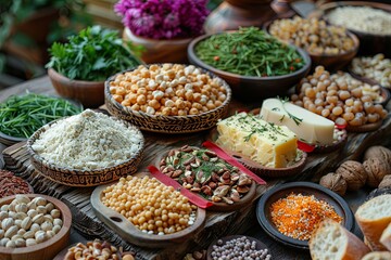 Assortment of grains and legumes in bowls on wooden table.