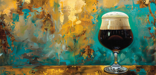 A rich, dark stout in a stout glass, with a creamy head, before a turquoise and mustard yellow setting
