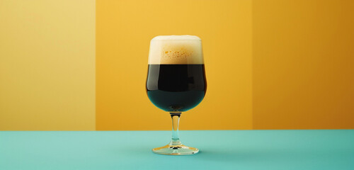 A rich, dark stout in a stout glass, with a creamy head, before a turquoise and mustard yellow setting - obrazy, fototapety, plakaty