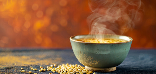 A rich, golden barley tea in a ceramic bowl, steam wafting up,